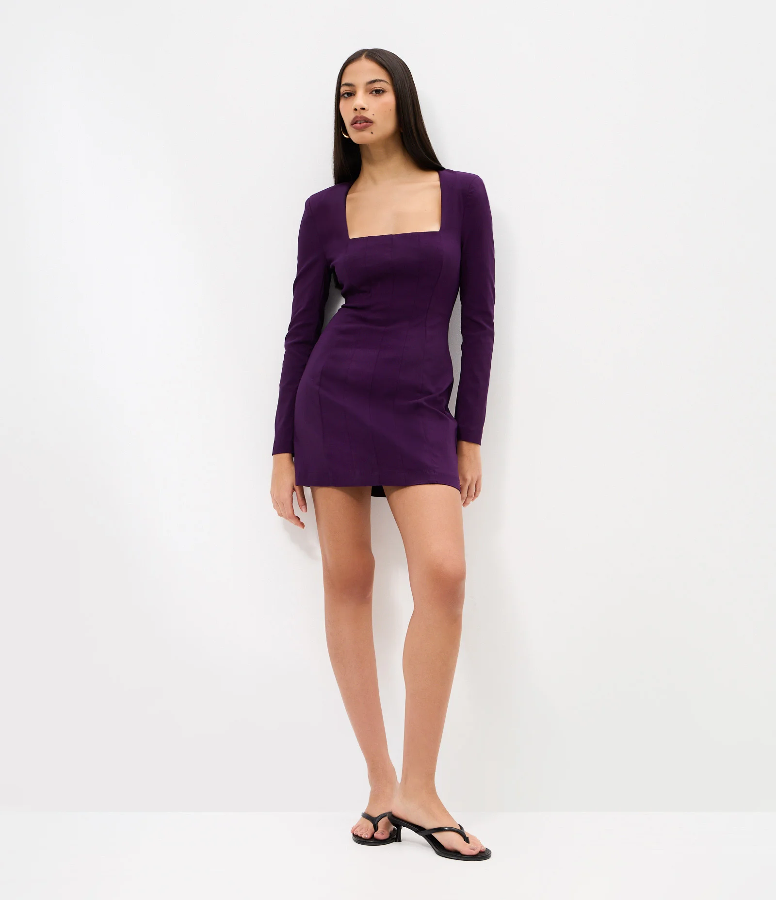 Vestido Curto Manga Longa em Bengaline com Ombreiras Azul Escuro 1