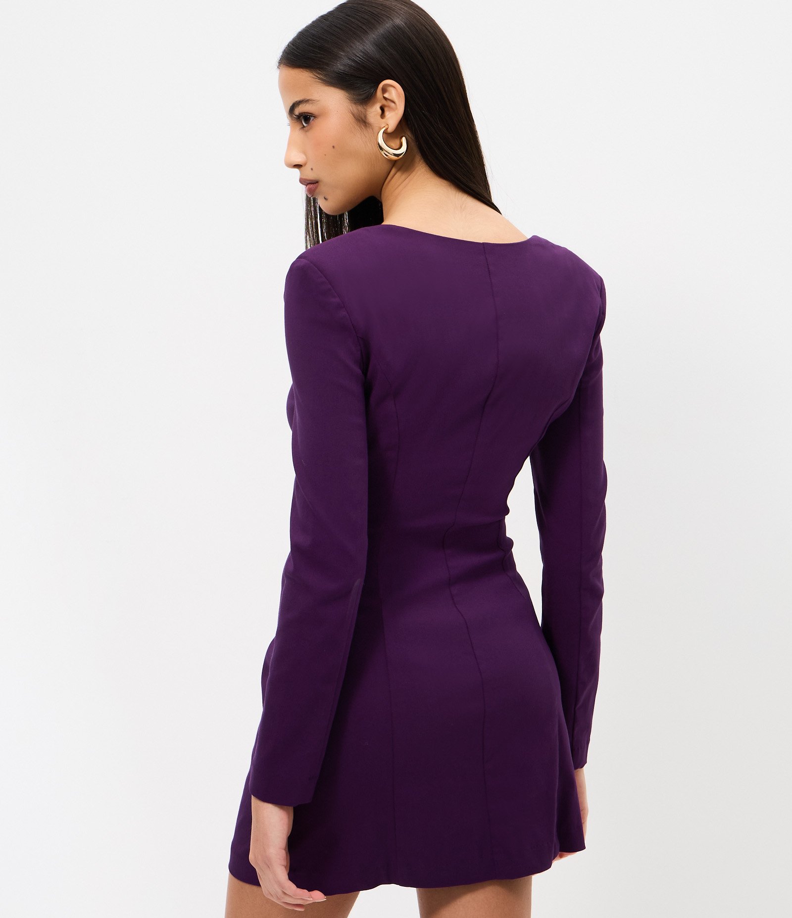 Vestido Curto Manga Longa em Bengaline com Ombreiras Azul Escuro 4