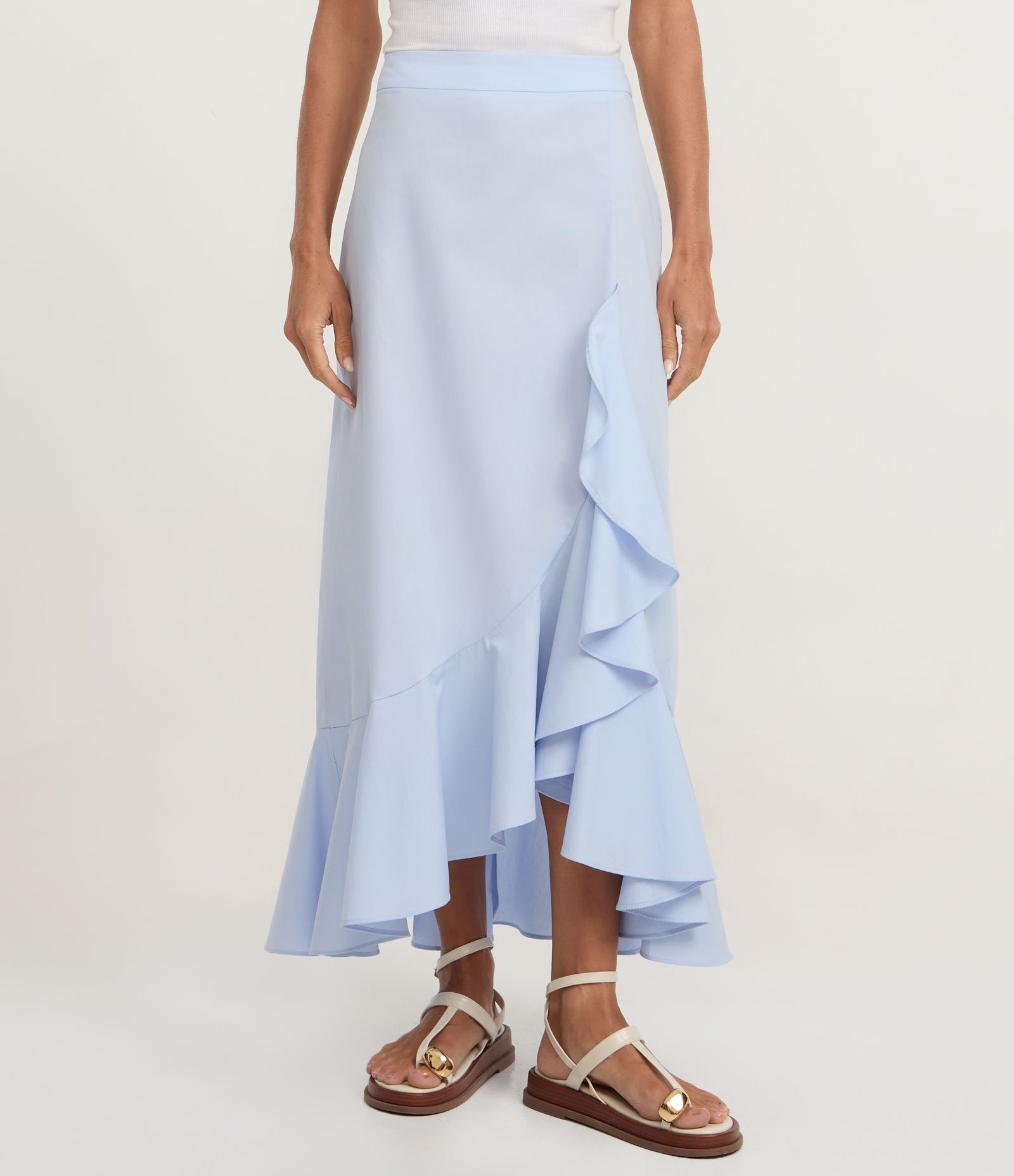 Saia Midi Com Fenda Lateral com Aplicação de Babado Godê Azul 2