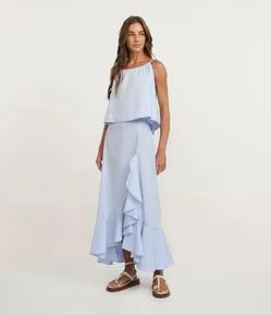 Saia Midi Com Fenda Lateral com Aplicação de Babado Godê