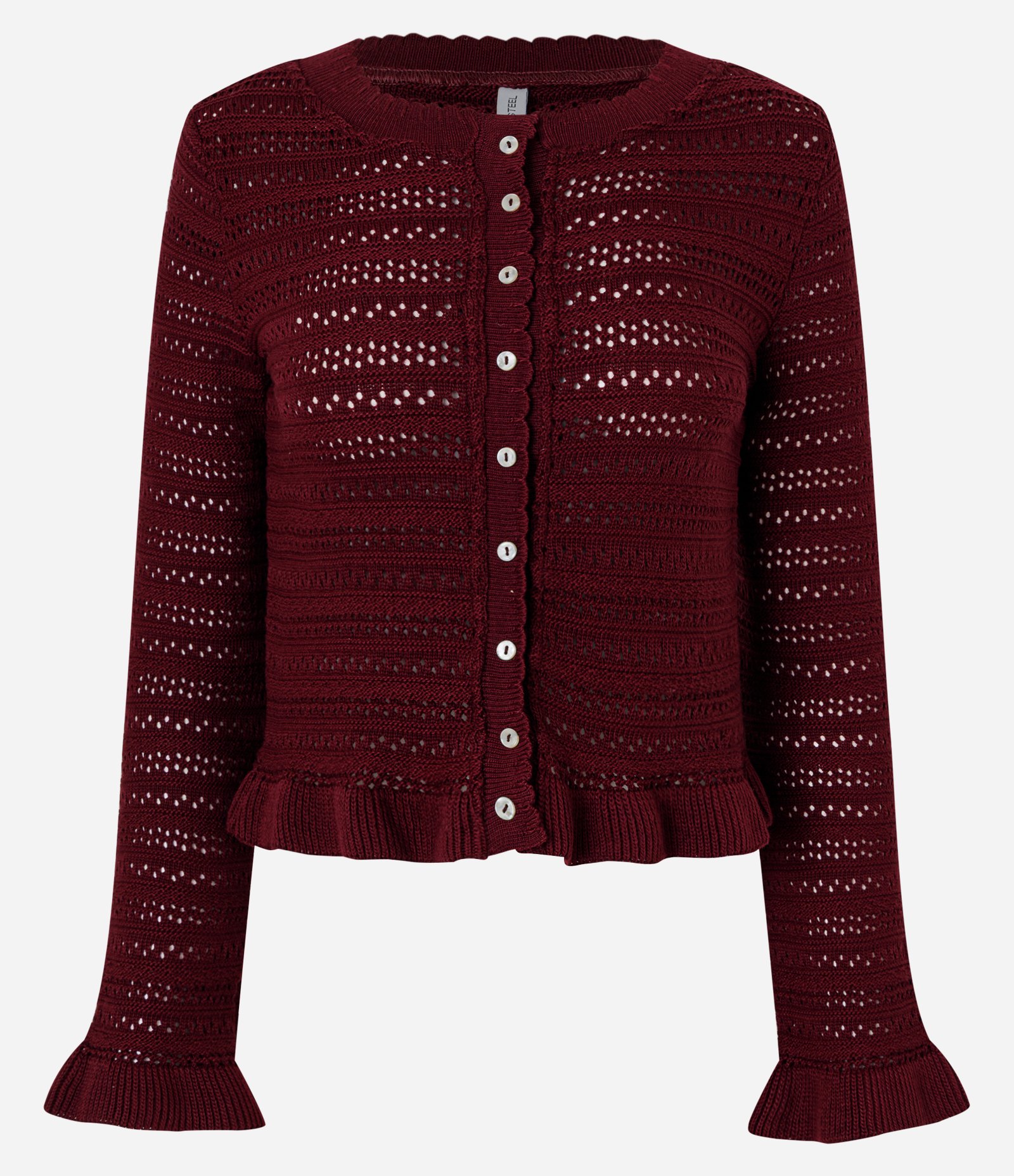 Cardigan em Tricô com Ponto Vazado e Babados na Barra e Punhos Vinho 1