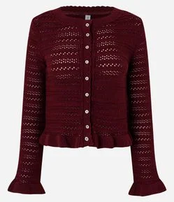 Cardigan em Tricô com Ponto Vazado e Babados na Barra e Punhos
