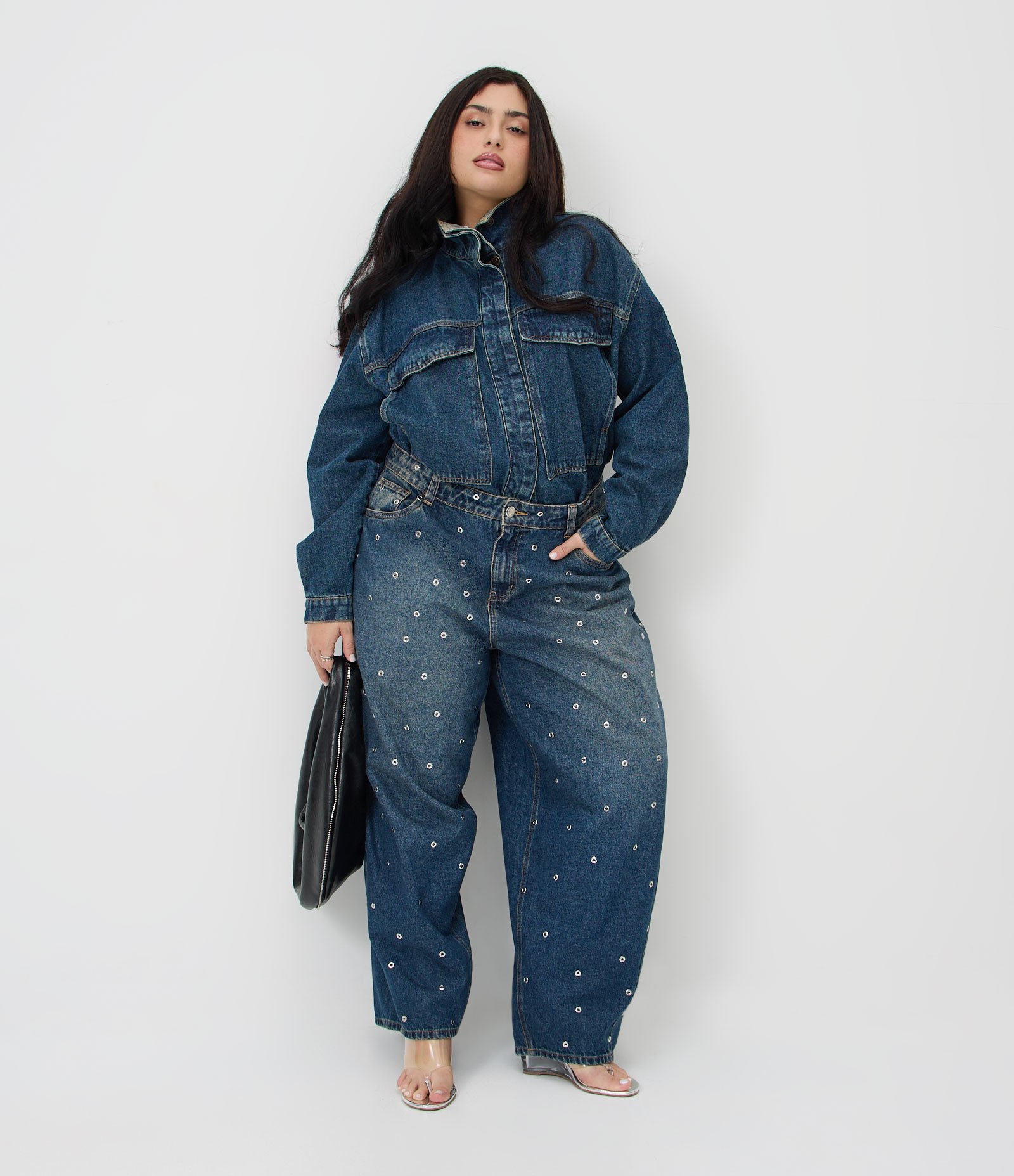 Calça Barrel em Jeans com Ilhoses Curve & Plus Size Azul 1