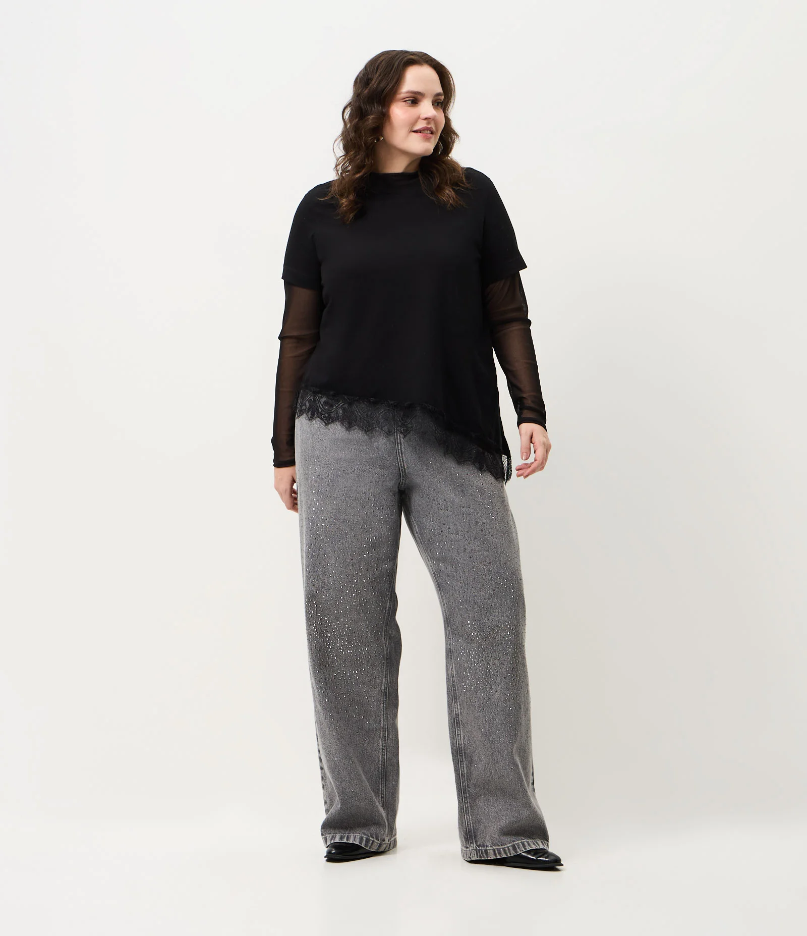 Calça Jeans Reta Cinza com Brilhos Curve & Plus Size Cinza 1