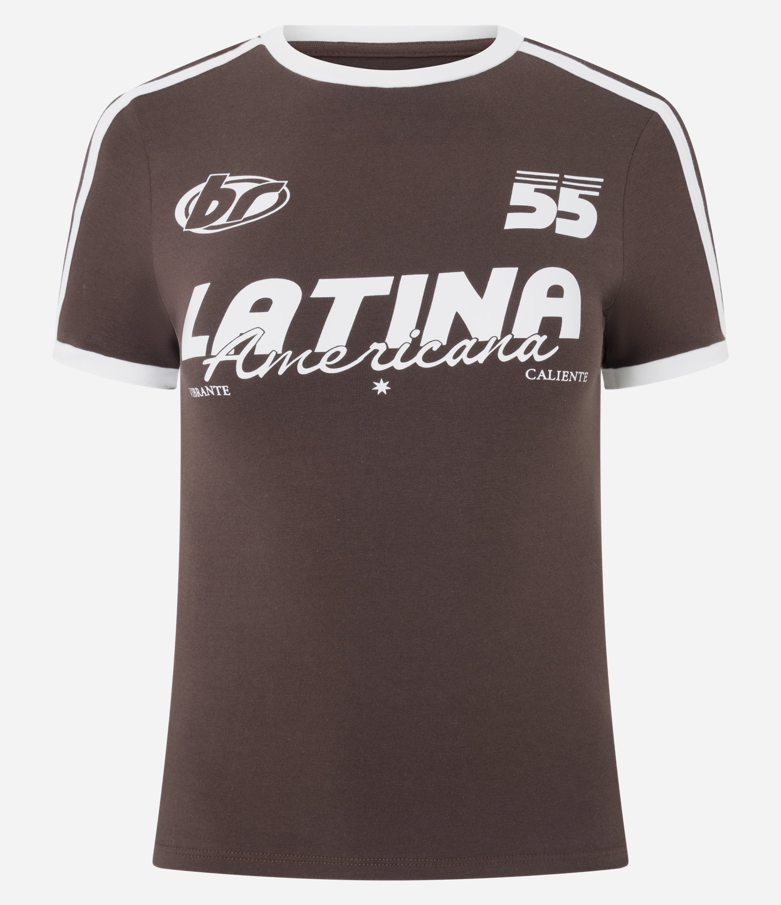 Camiseta New T-shirt com Lettering Latina e Detalhes Contrastantes Marrom 5