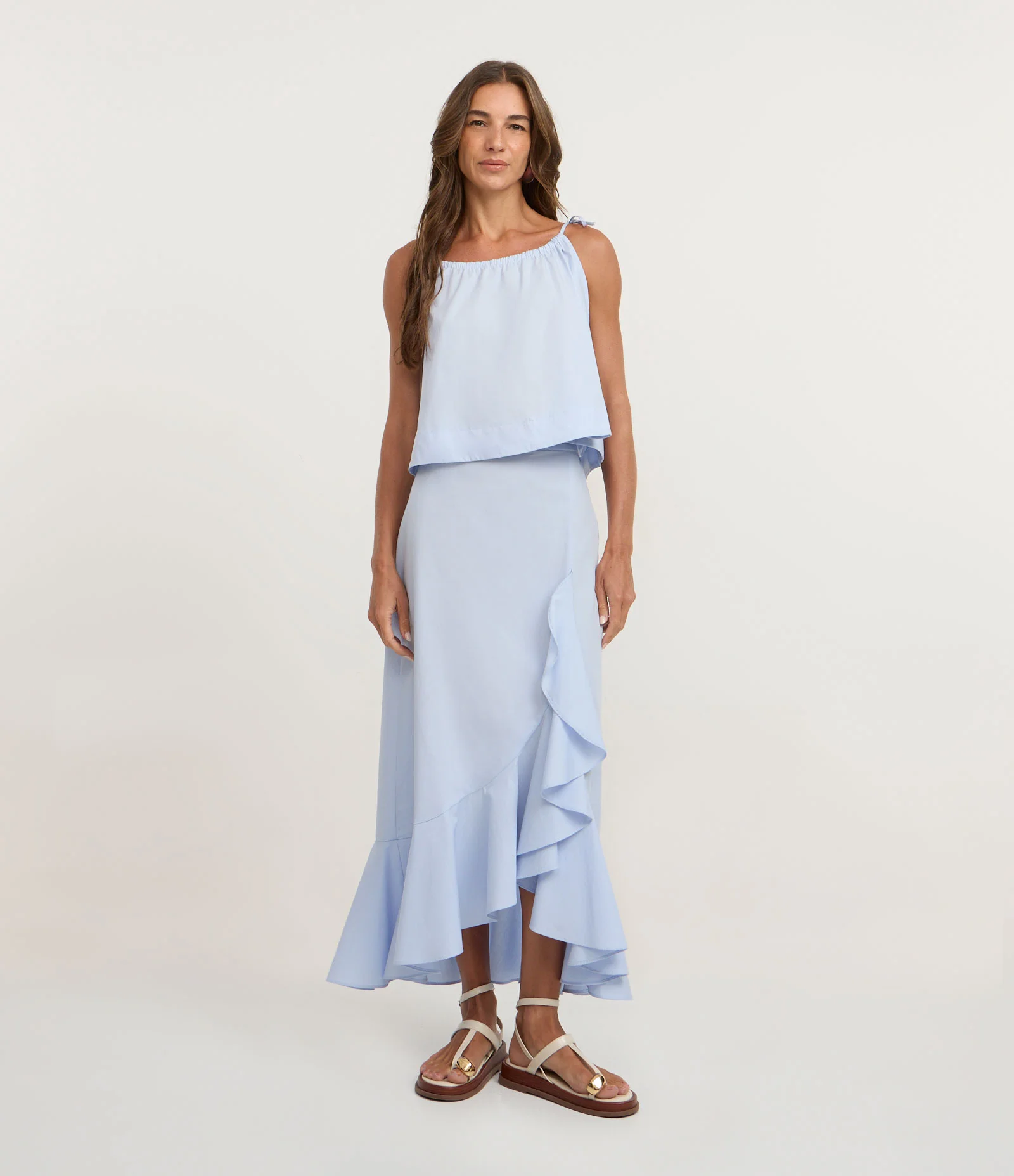 Blusa Curta Evasê com Decote Reto e Amarração Azul 2