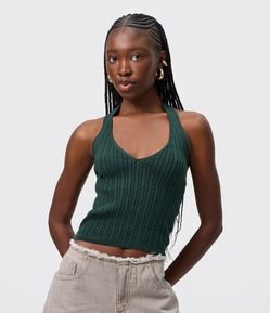 Blusa Frente Única em Tricô com Amarração no Pescoço