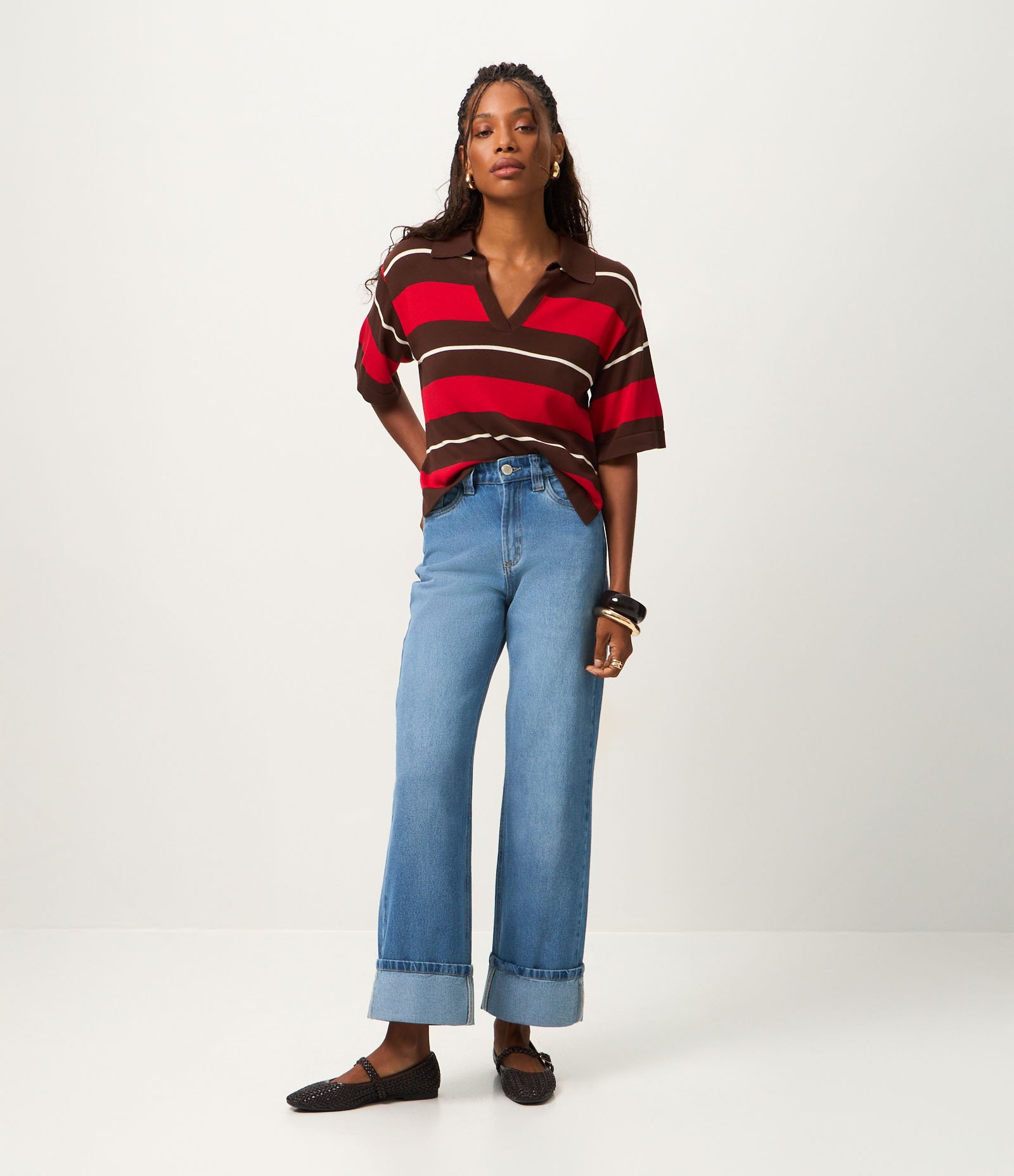 Calça Reta Comfort em Jeans com Cintura Alta e Barra Virada Azul Médio 1