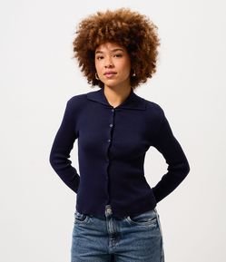 Cardigan em Tricô com Gola Polo