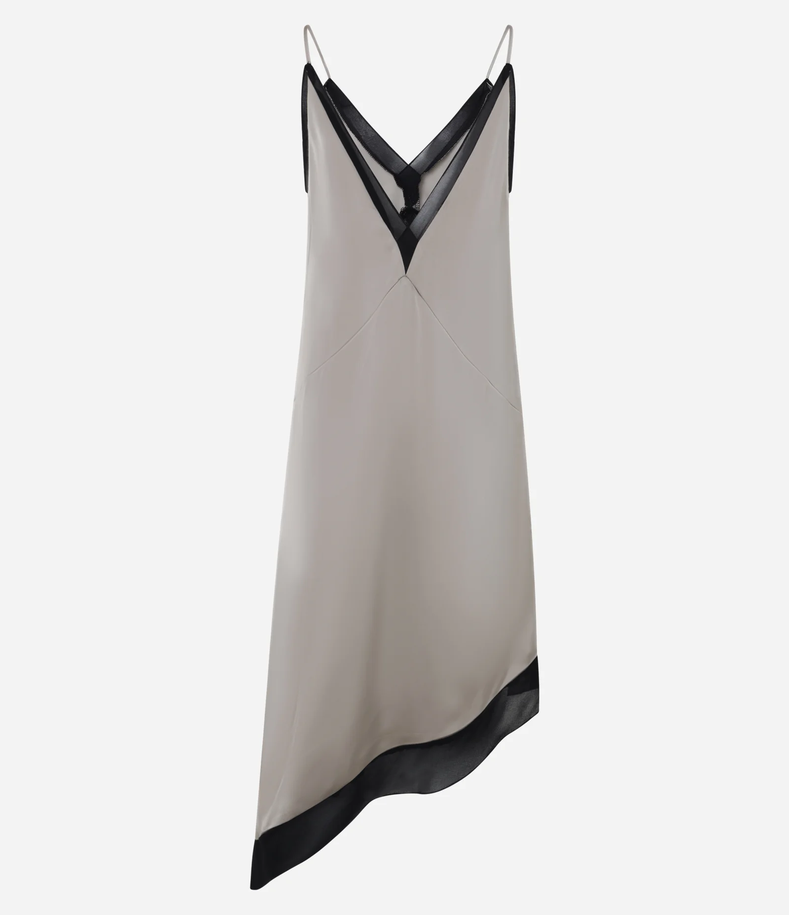 Vestido Midi em Tecido Acetinado com Detalhes em Renda e Barra Assimétrica Bege/ Preto 2