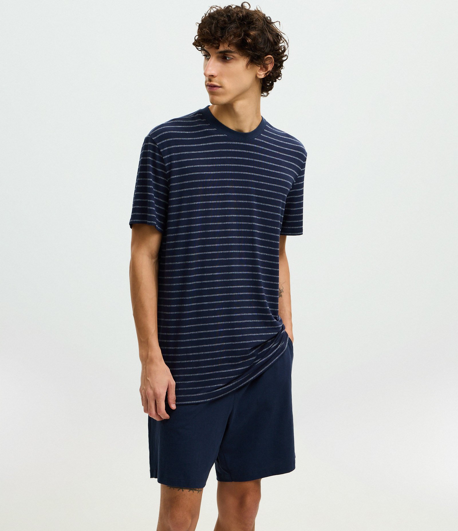 Pijama Curto Masculino Viscose Listrado Azul 4