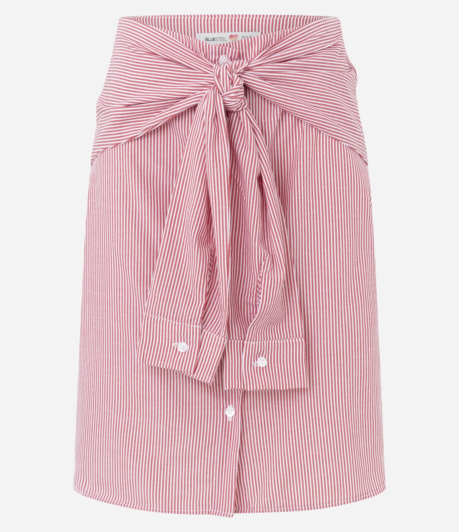 Saia Reta em Tricoline Listrada Estilo Camisa com Amarração Vermelho 1