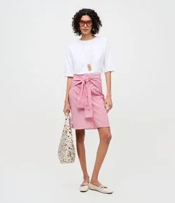 Saia Reta em Tricoline Listrada Estilo Camisa com Amarração