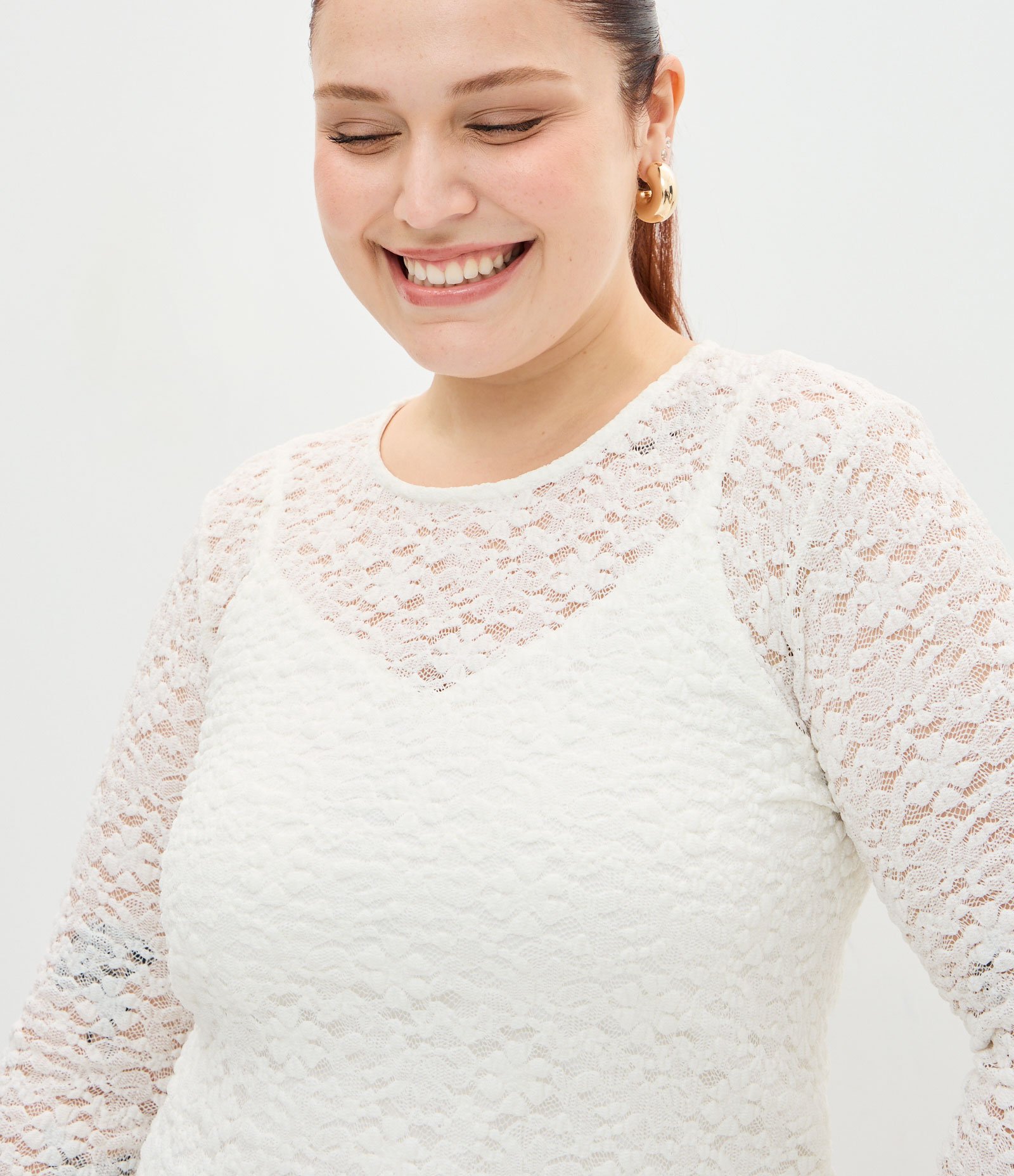 Blusa de Renda Floral Manga Longa Curve & Plus Size Off White 3