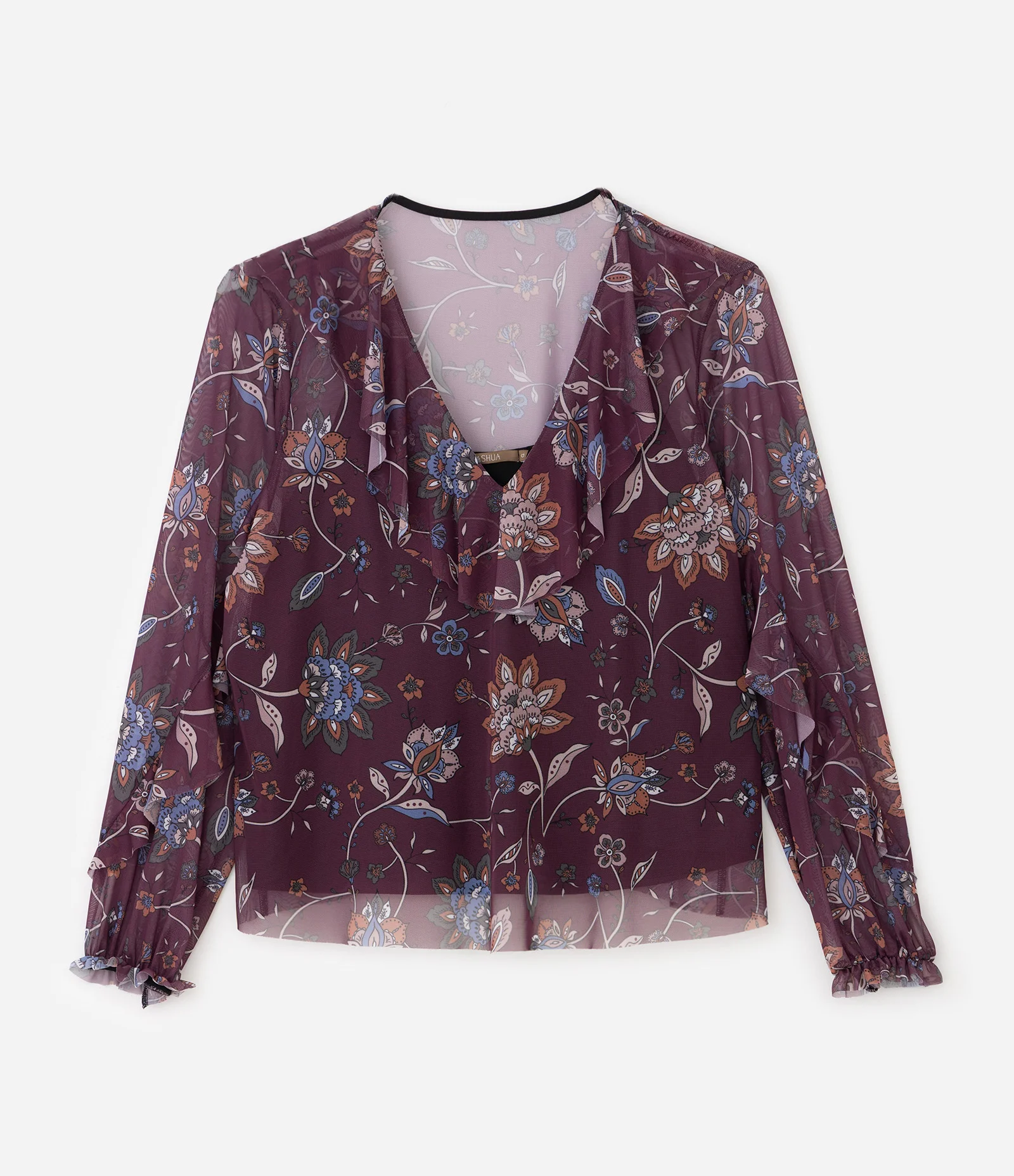 Blusa Tule Floral Manga Longa Curve & Plus Size Marrom 1