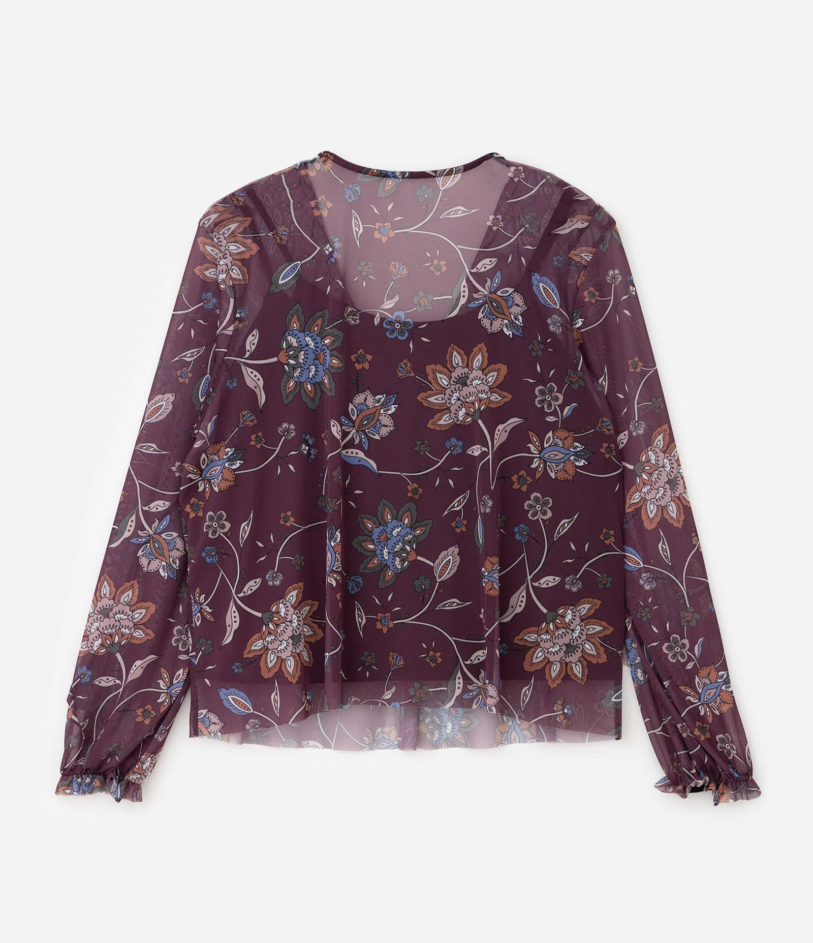 Blusa Tule Floral Manga Longa Curve & Plus Size Marrom 2