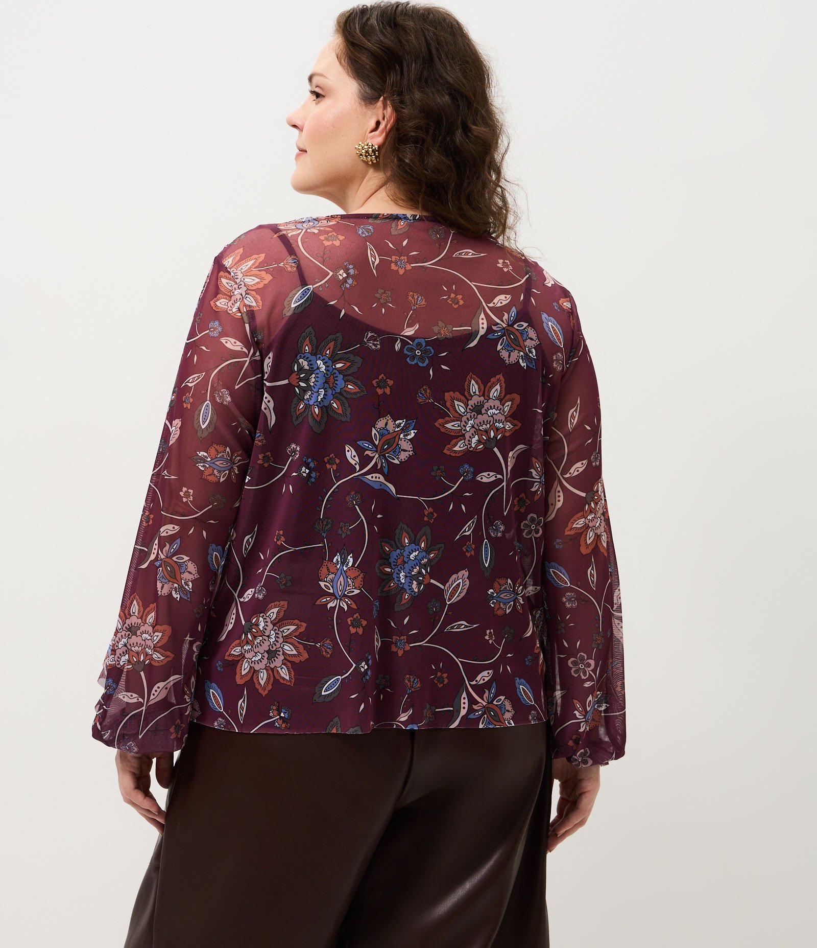 Blusa Tule Floral Manga Longa Curve & Plus Size Marrom 6