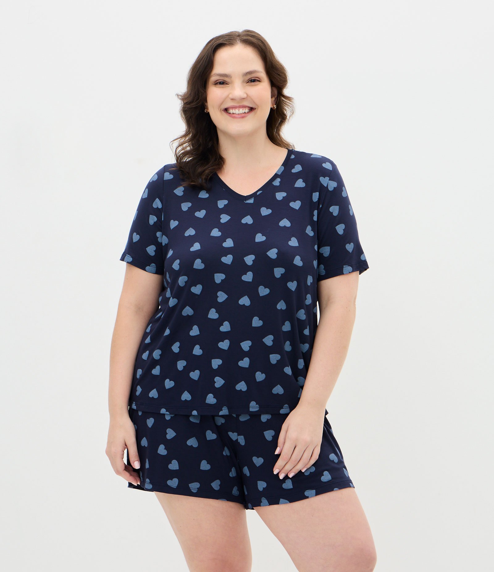 Pijama Curto com Estampa de Corações Curve & Plus Size Azul 1