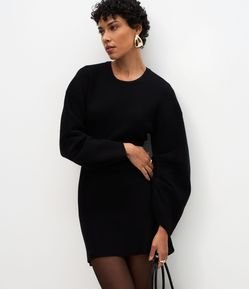 Vestido Curto em Tricô com Manga Bufante