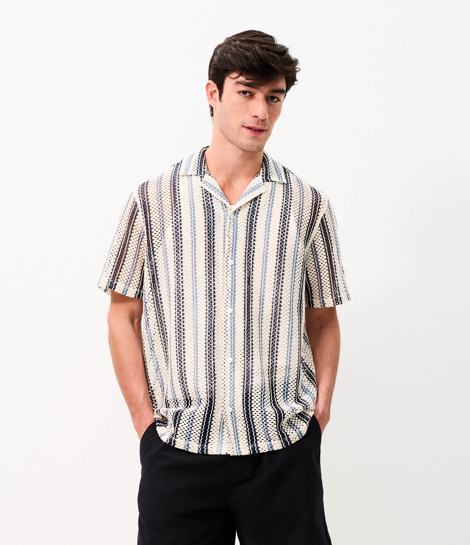 Camisa Manga Curta Tricô Texturizado Listrado Azul 1