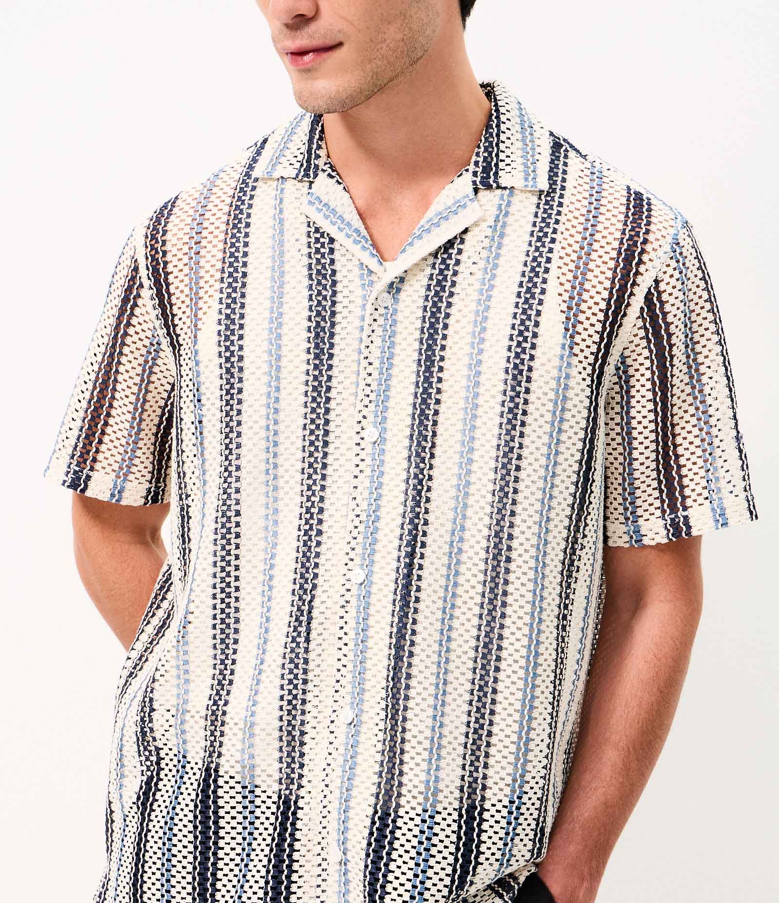 Camisa Manga Curta Tricô Texturizado Listrado Azul 3