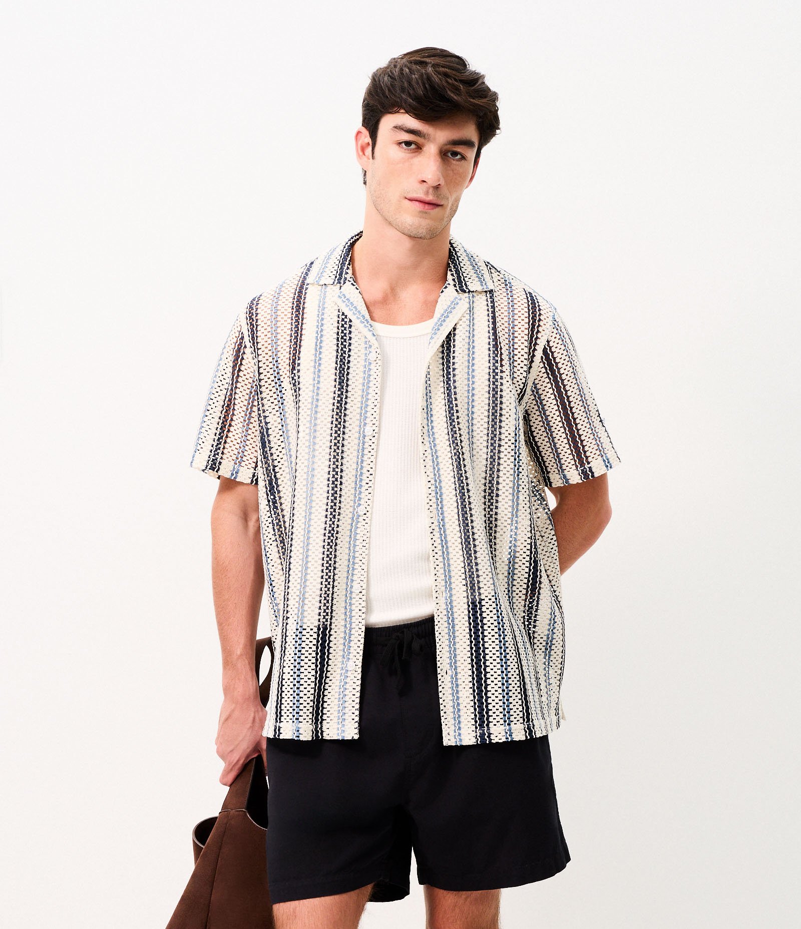 Camisa Manga Curta Tricô Texturizado Listrado Azul 4