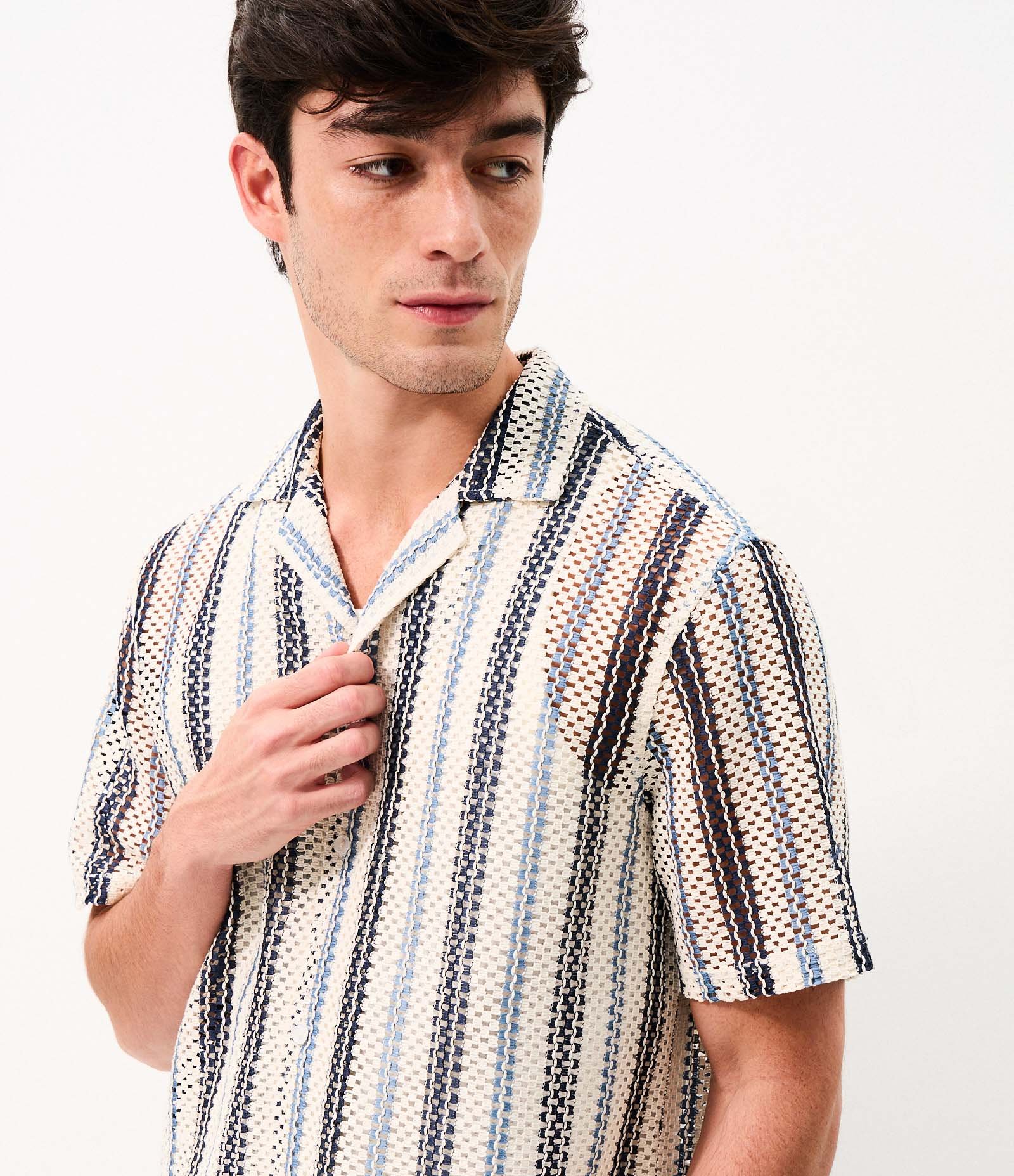 Camisa Manga Curta Tricô Texturizado Listrado Azul 5