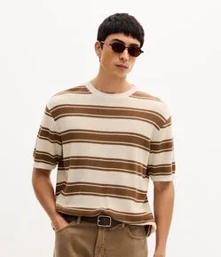 Camiseta Body Manga Curta com Efeito Tricô e Listras