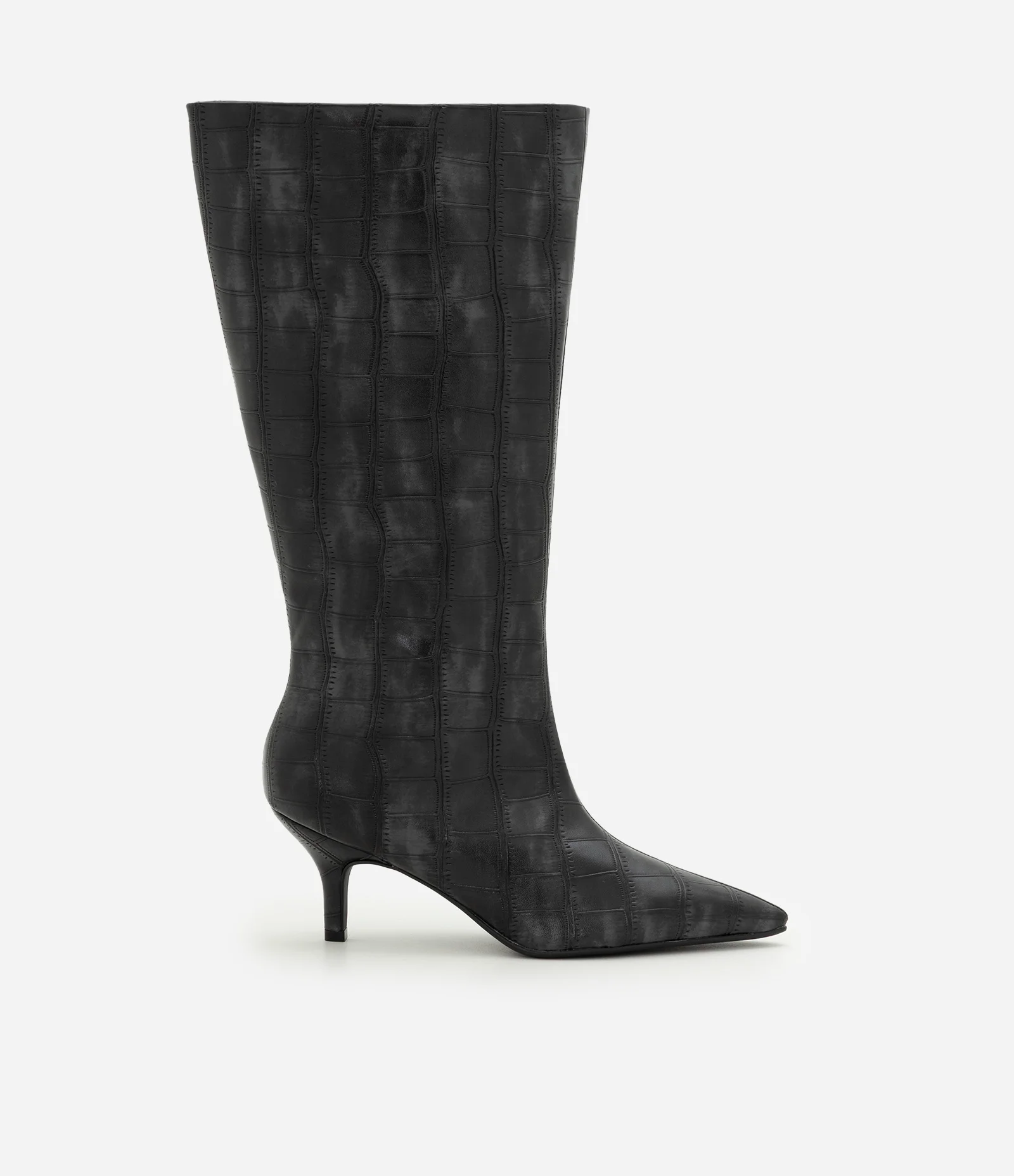 Bota Cano Longo em PU com Textura Croco Preto 1