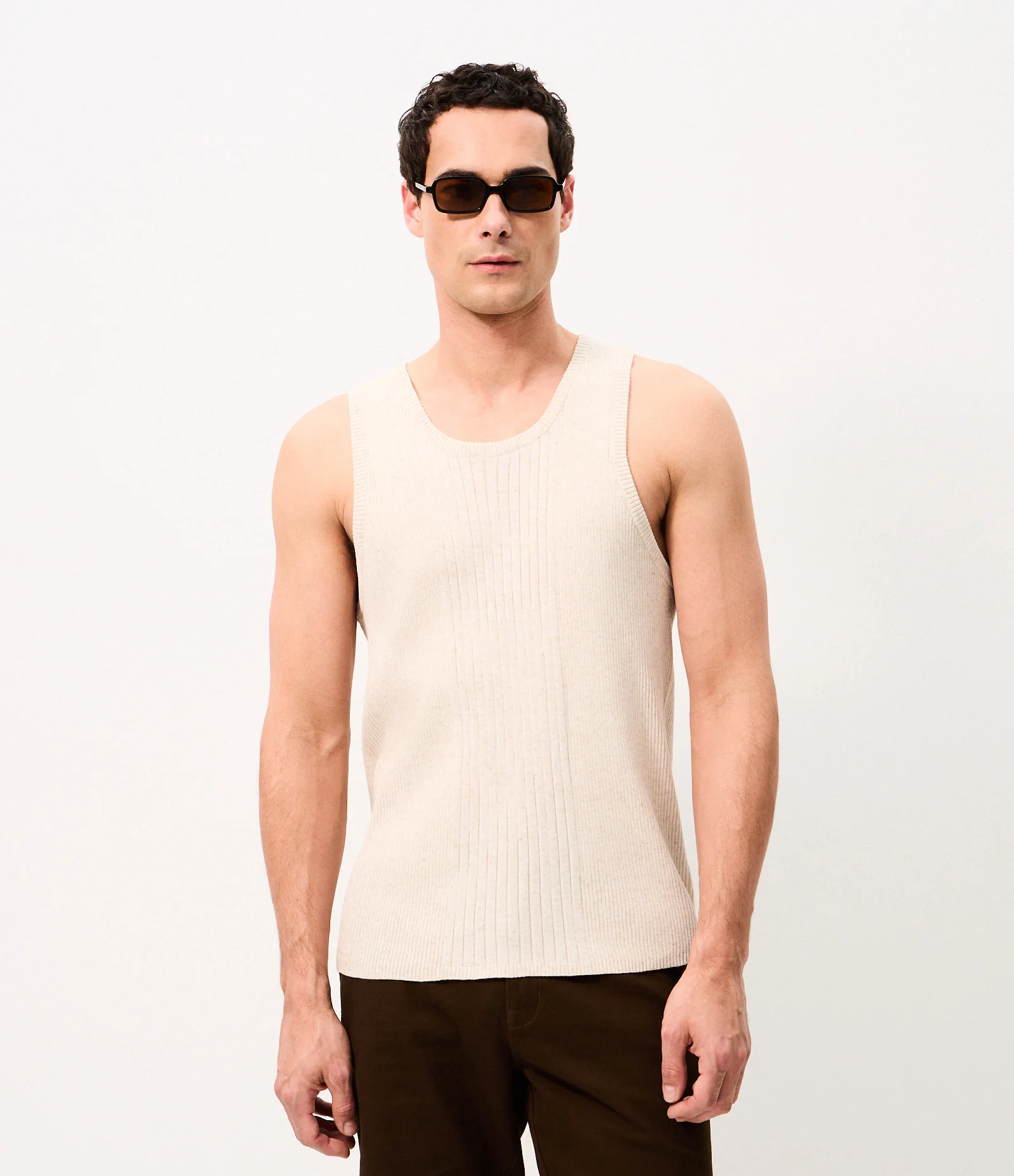 Regata Masculina Canelada com Listra Vertical Off White 1