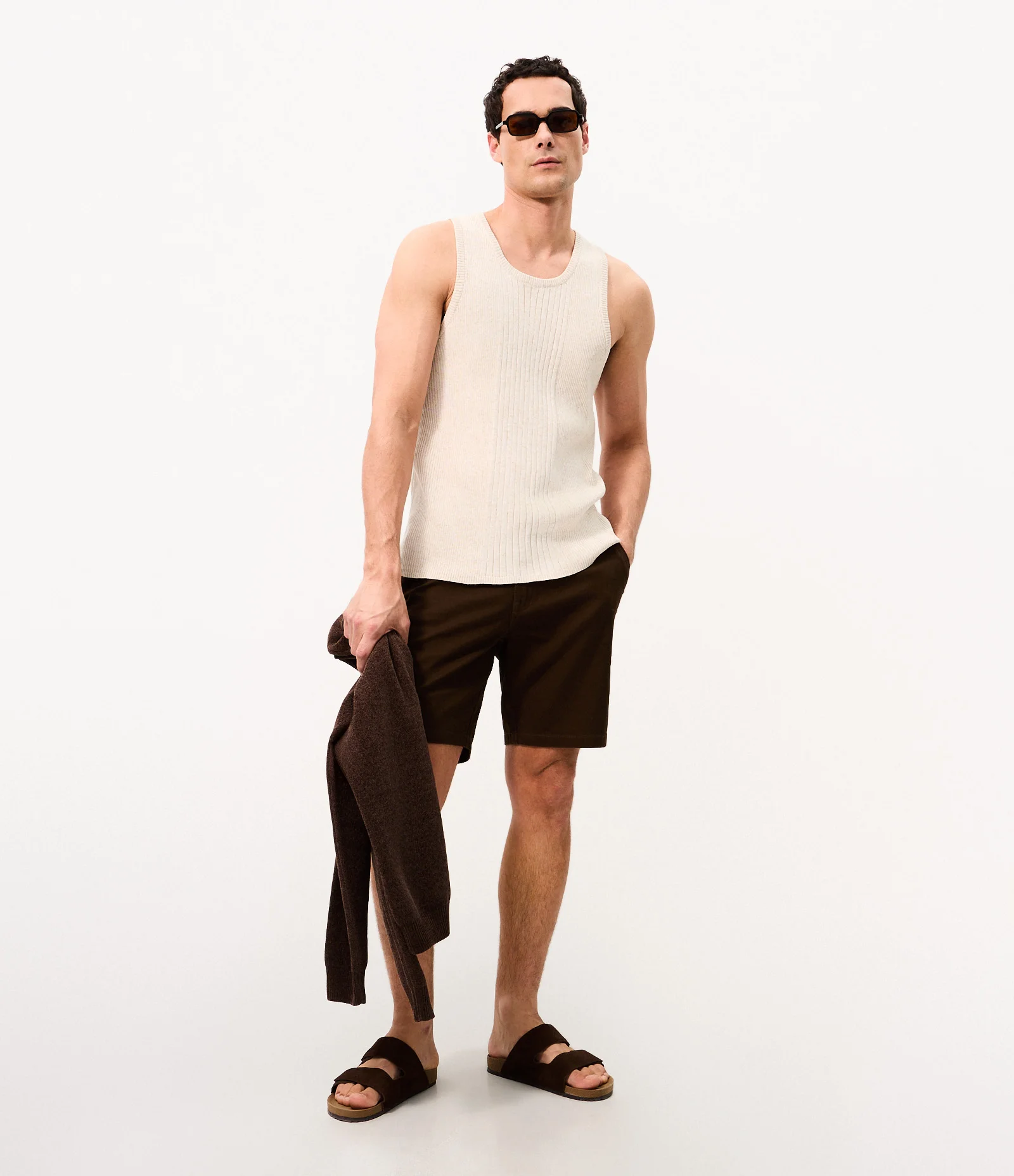 Regata Masculina Canelada com Listra Vertical Off White 2