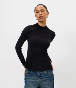 Blusa Peplum em Tricô com Manga Longa