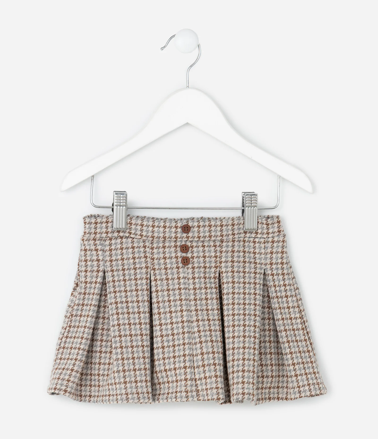 Short Saia Tweed Pied-de-Poule Plissada - Tam 1 a 6 Anos Bege 1