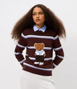 Blusa Listrada em Tricô com Bordado de Urso
