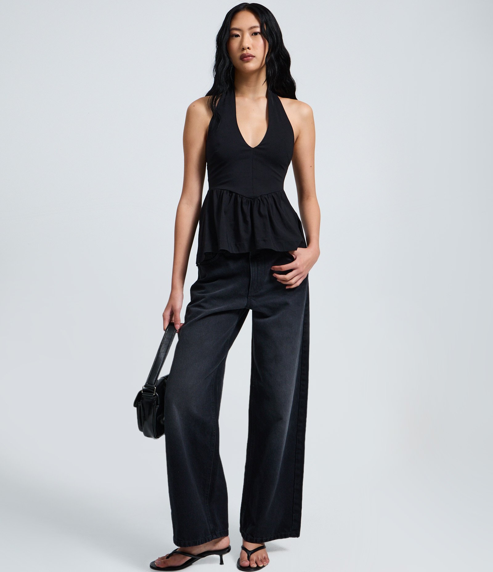 Top Peplum Frente Único Corsetado em Bengaline Preto 2