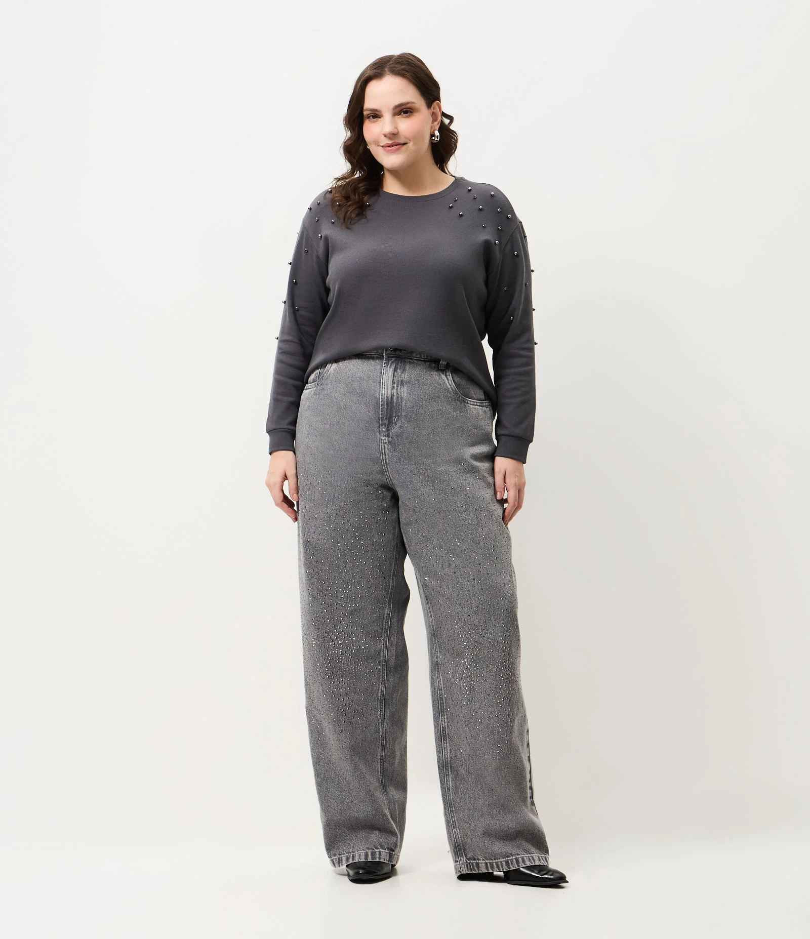 Blusa Manga Longa em Ribana com Miniesferas Curve & Plus Size Cinza 2