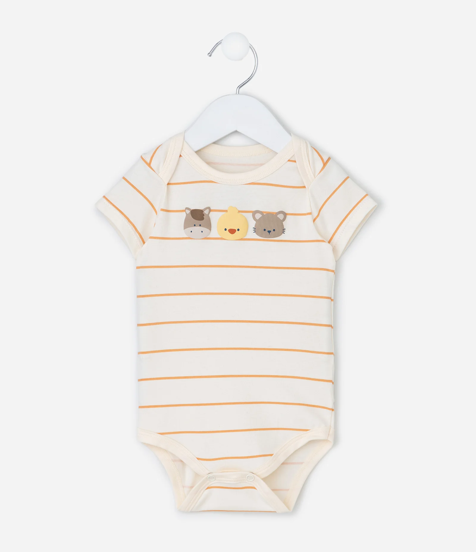 Body Infantil Listrado com Estampa Amigos da Fazenda – Tam RN a 18 Meses Bege/Laranja 2