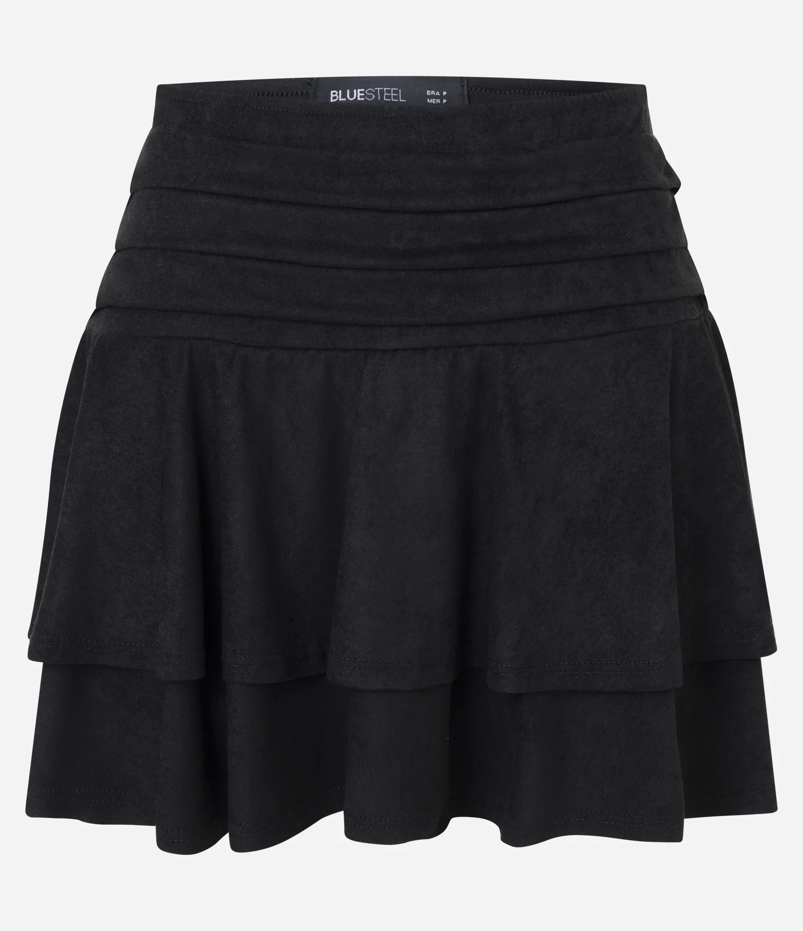 Saia Curta Evasê em Suede com Babados Preto 1