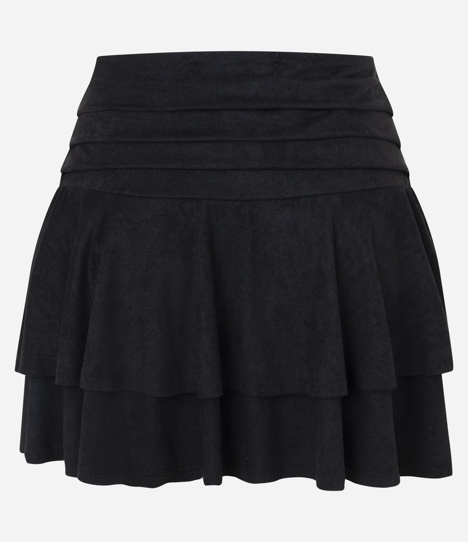 Saia Curta Evasê em Suede com Babados Preto 3