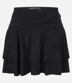 Saia Curta Evasê em Suede com Babados