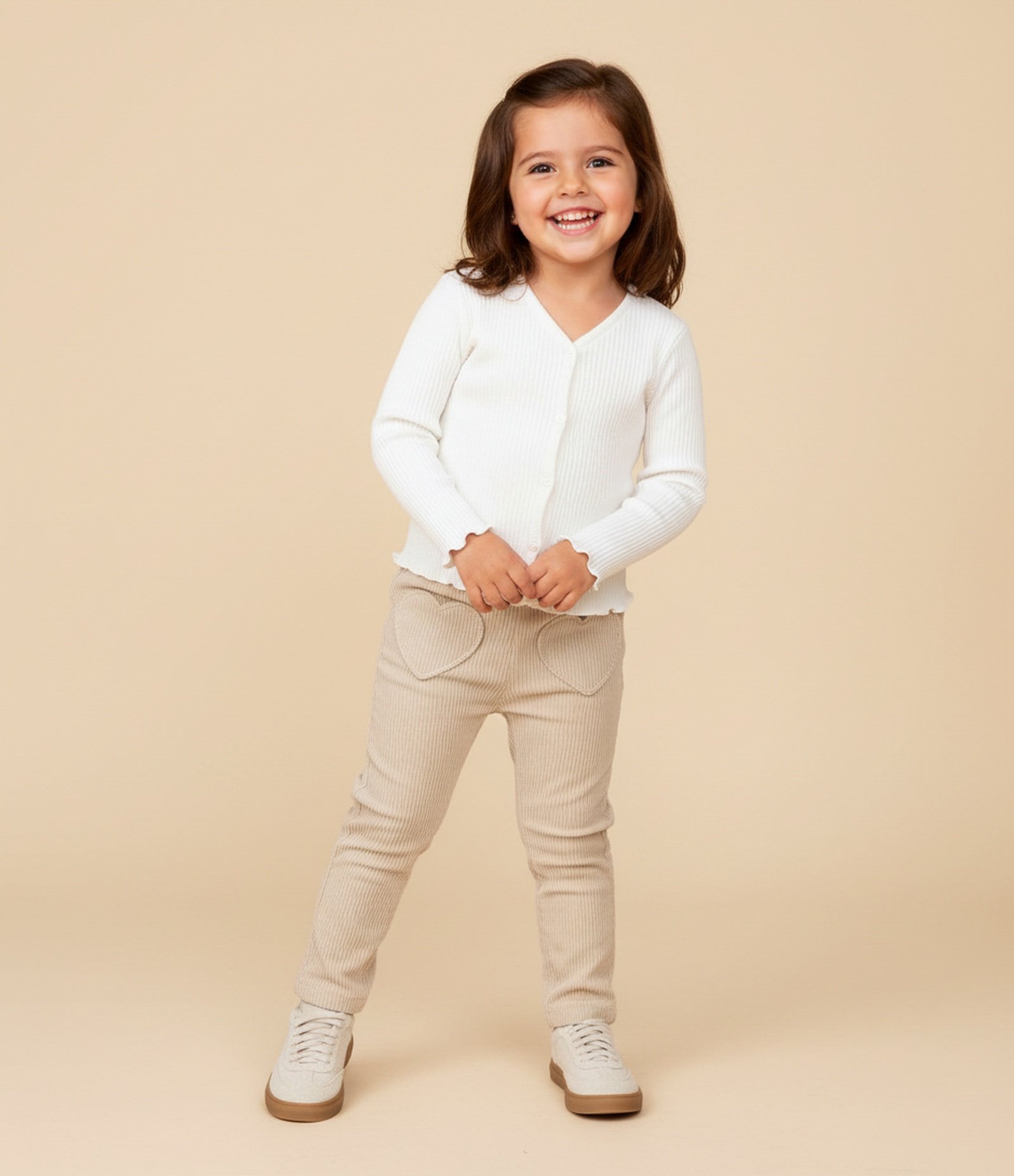 Calça Infantil em Veludo com Bolsos de Coração – Tam 1 a 6 Anos Bege Claro 1