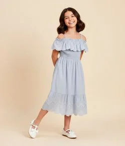 Vestido Infantil em Laise com Bordado Floral e Babado – Tam 5 a 16 Anos