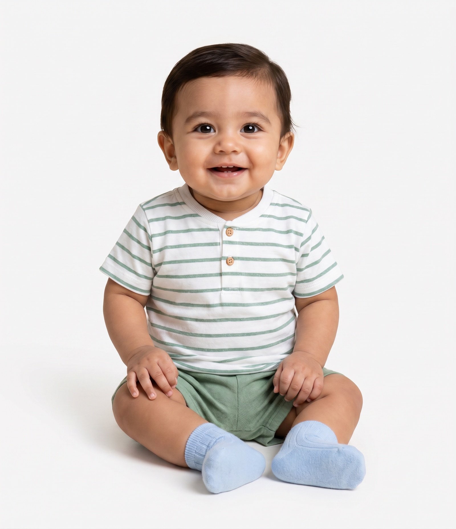 Conjunto Bebê com Camiseta Listrada e Bermuda – Tam 0 a 18 Meses Verde/Branco 1