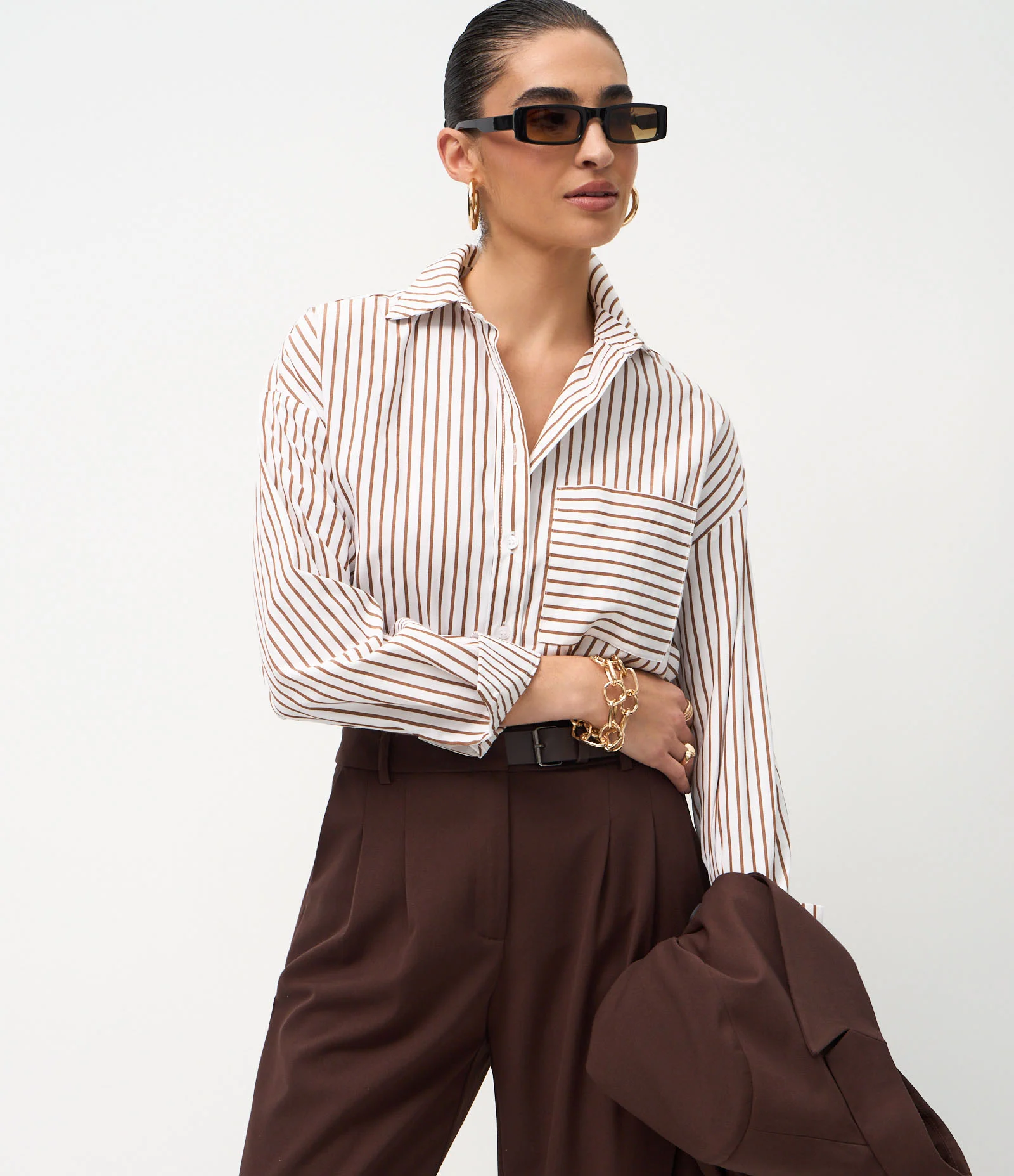 Camisa Manga Longa em Algodão com Estampa Listrada Branco/Marrom 1