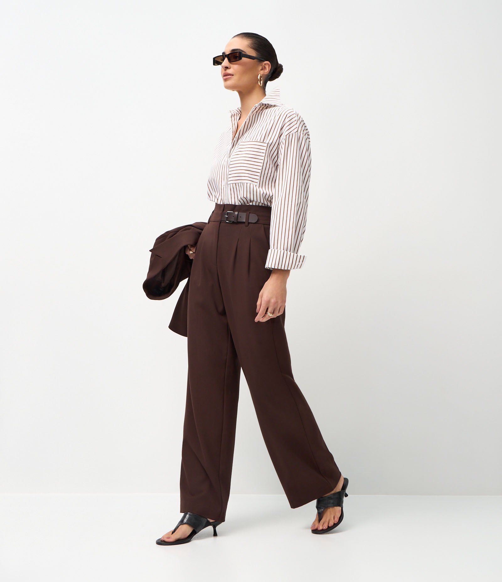 Camisa Manga Longa em Algodão com Estampa Listrada Branco/Marrom 2