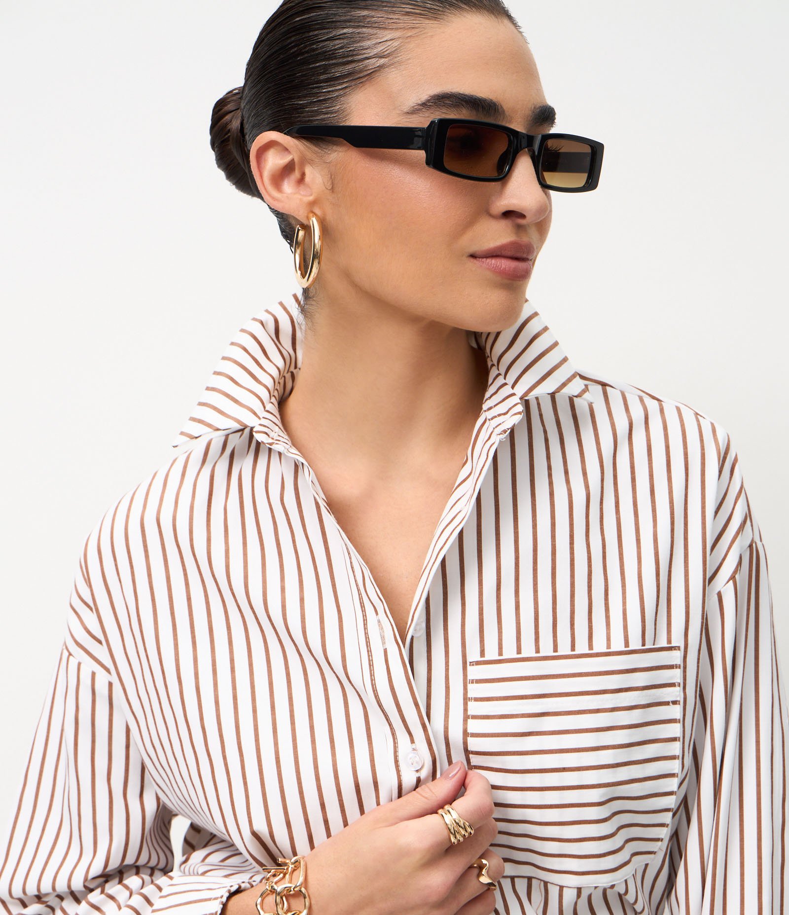 Camisa Manga Longa em Algodão com Estampa Listrada Branco/Marrom 3