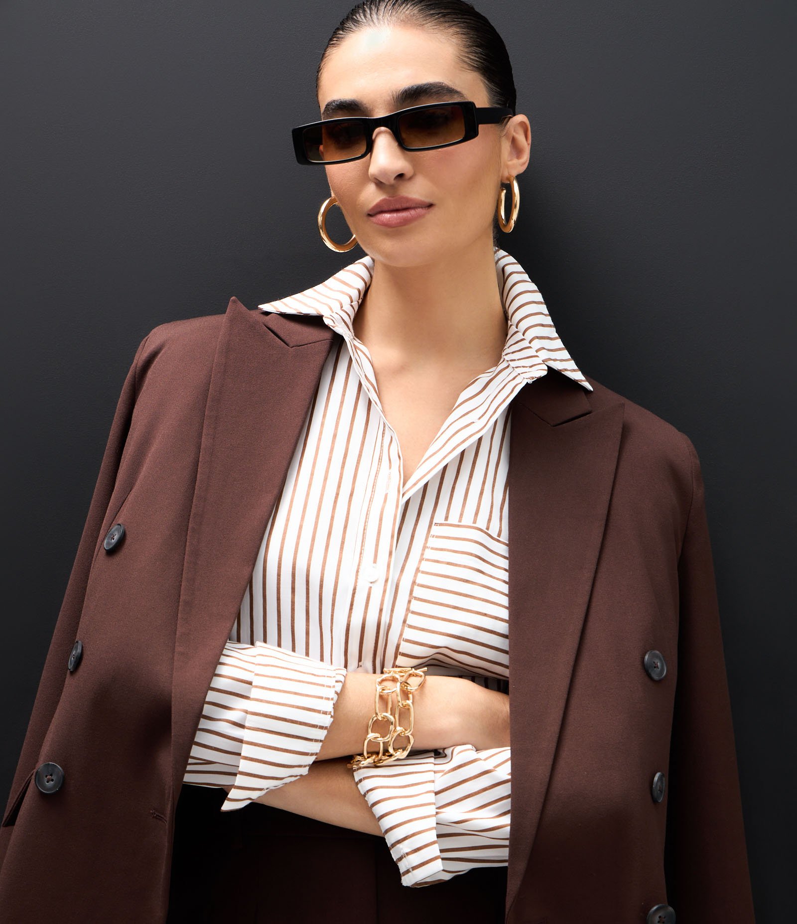 Camisa Manga Longa em Algodão com Estampa Listrada Branco/Marrom 4