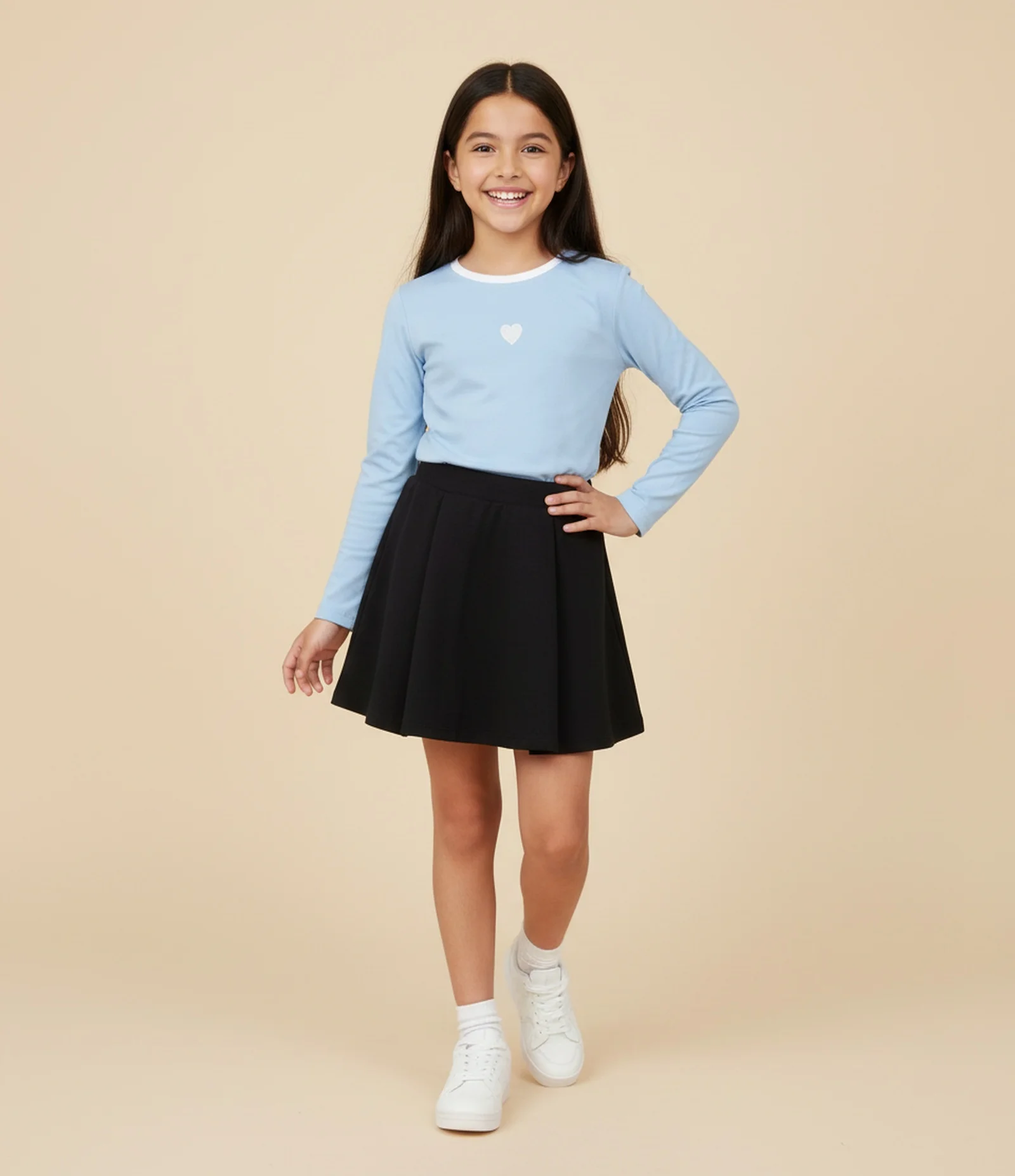 Saia Infantil em Cotton com Pregas e Short Interno – Tam 5 a 16 Anos Preto 1