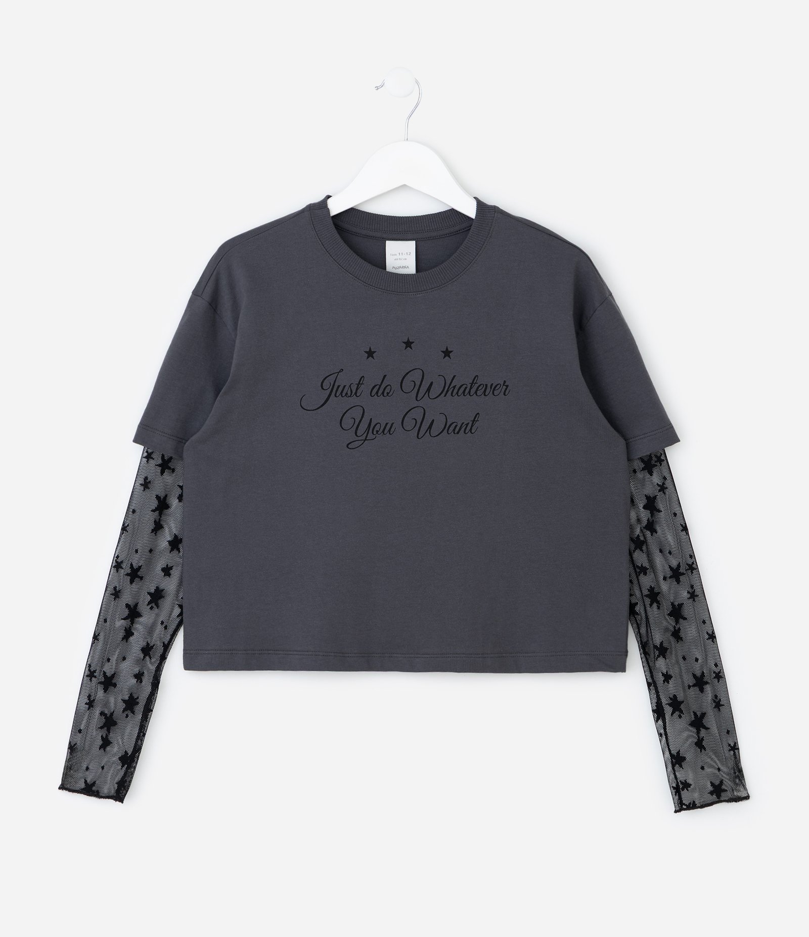 Camiseta Infantil com Lettering e Manga Renda – Tam 5 a 14 Anos Cinza Escuro 1