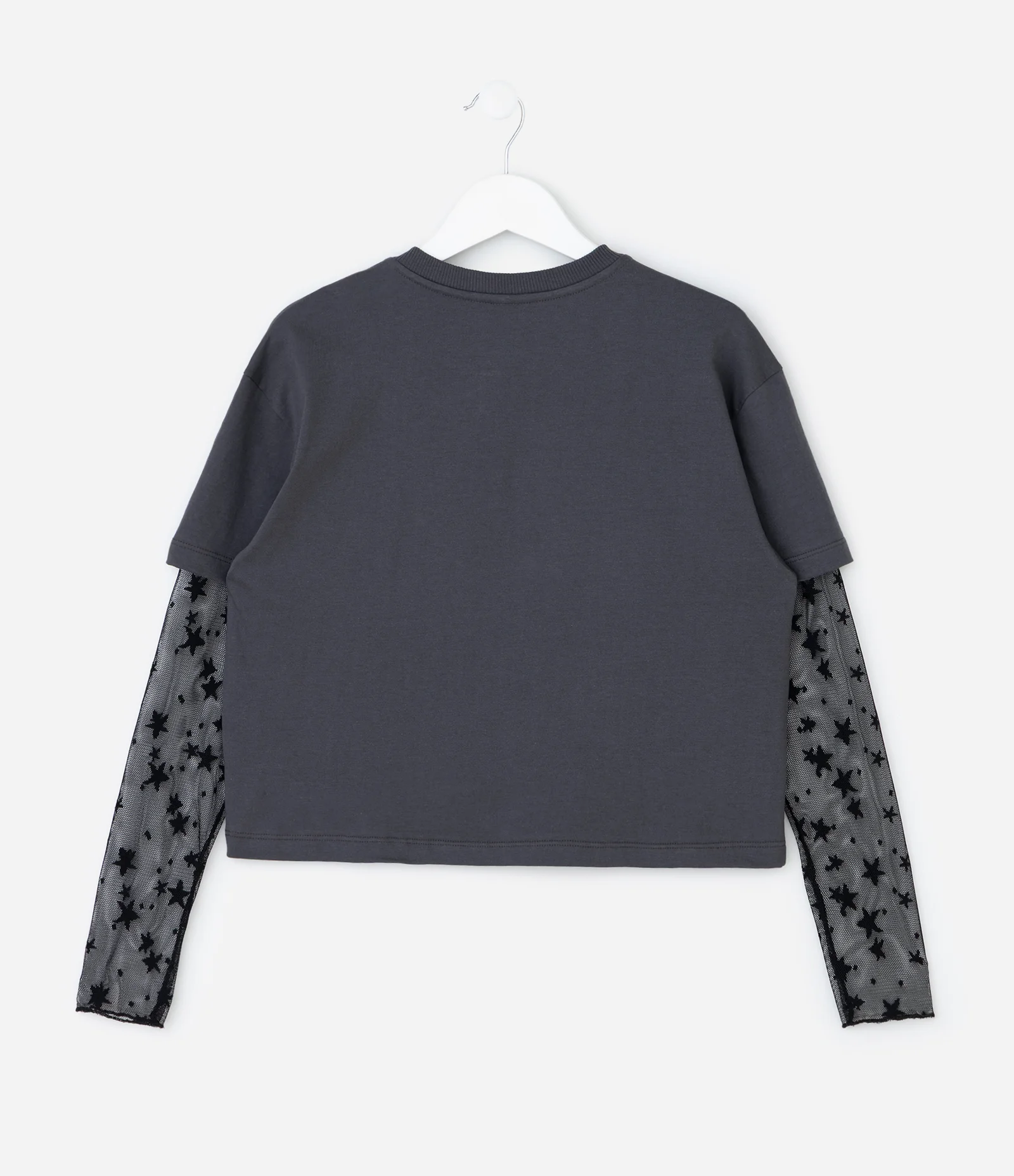 Camiseta Infantil com Lettering e Manga Renda – Tam 5 a 14 Anos Cinza Escuro 2